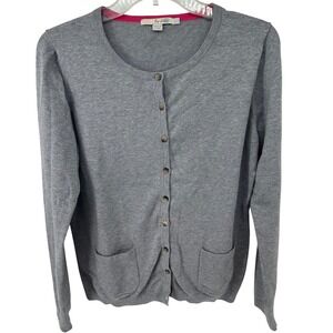 Boden Gray Cotton Blend Button Front Cardigan Sweater Pink Trim US 10 Minimalist